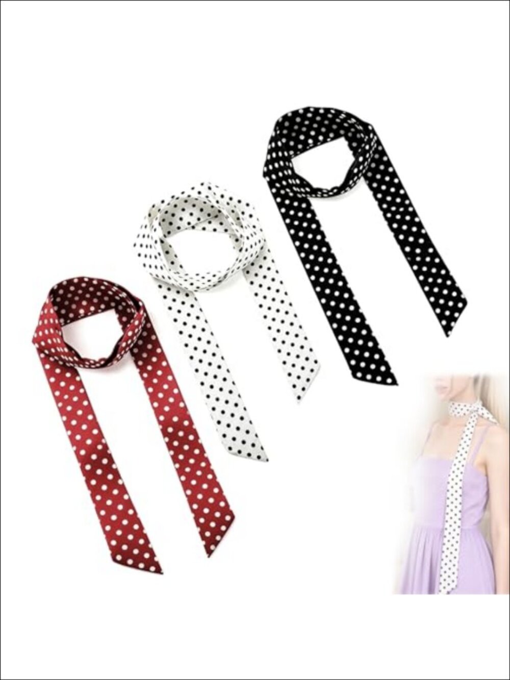 3Pc Polka Dot Scarf Belt Set Lightweight Polyester Women's Fashion Accessory